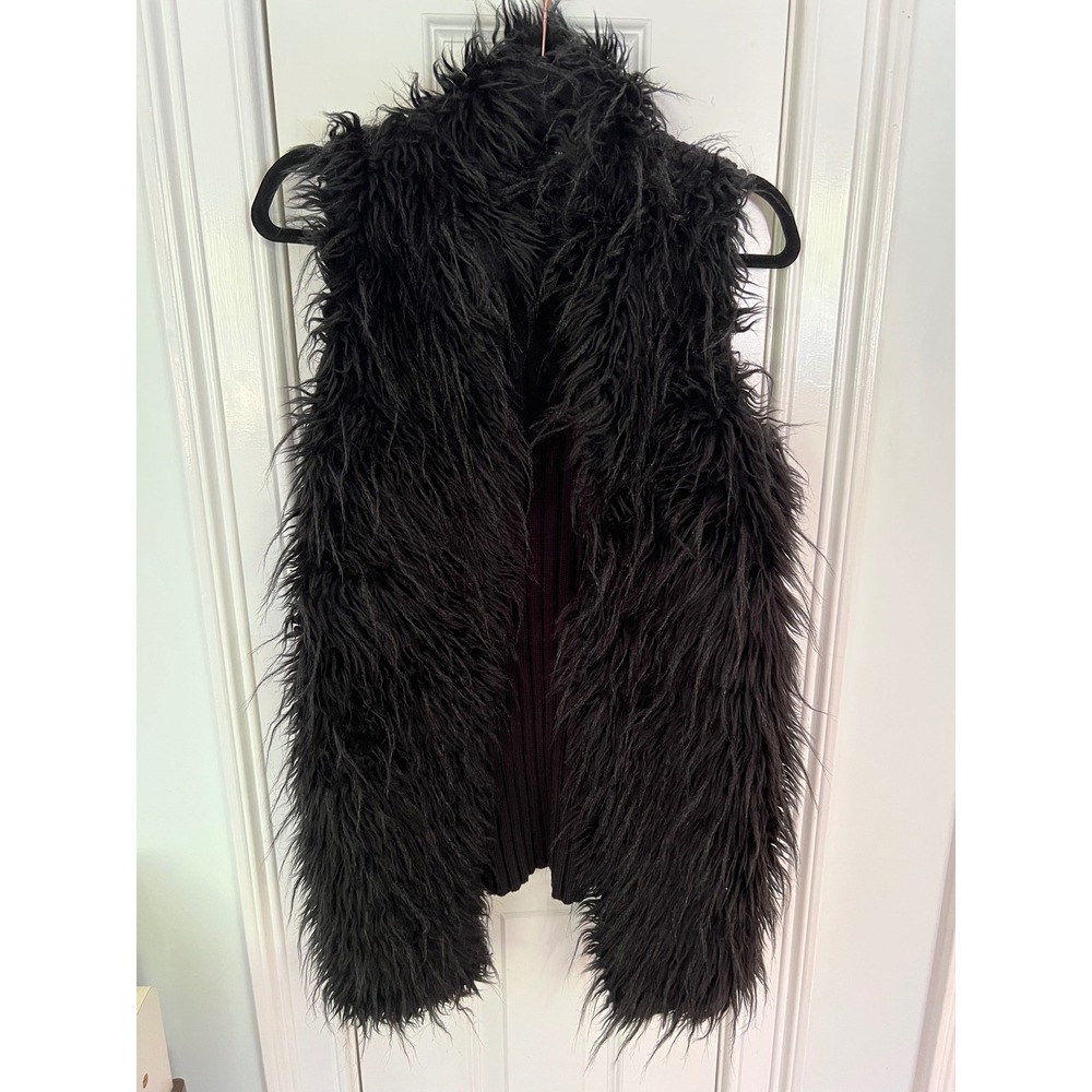 Adrianna Papell Womens Black Faux Fur Ribbed Knit Back Vest Small Open Front